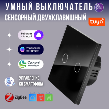 Умный двухклавишный выключатель сенсорный Tuya ZigBee черный